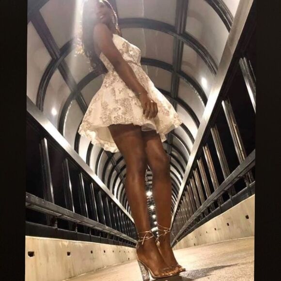 Silver High Heel Sandals with Rhinestone Block Heel - Picture 6 of 8